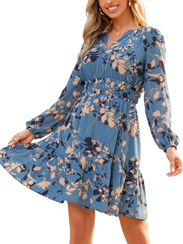 Image of Simplee Womens Spring Floral Mini Dress Long Sleeve Boho Chiffon Short Dress Casual Flowy Fall Wedding Guest Dresses