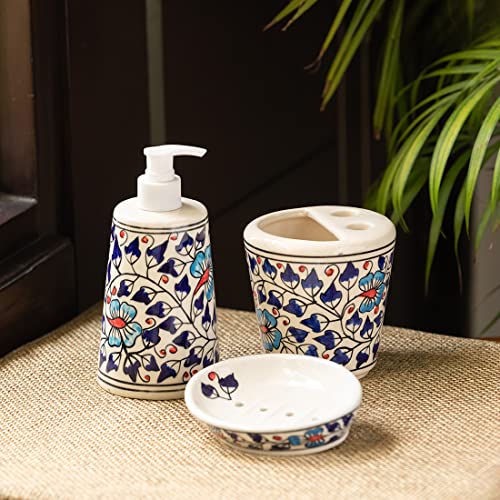Image of ExclusiveLane 'Floral Feels' 3 Handpainted Piece Ceramic Bathroom Accessories Set of 3 (Soap Tray, Ceramic Toothbrush Holder for Bathroom, Liquid Soap Dispenser For Bathroom) |Soap Holder for Bathroom