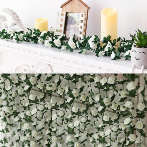 6 PCS White Rose Flower Garland, 49FT Small Floral Garland Spring Flower Backdrop Wedding Arch Decor, Fake Vines Artificial Flowers for Anniversary Birthday Party Table