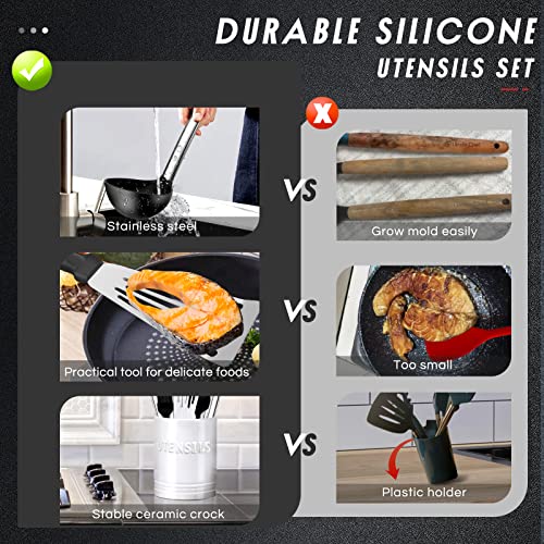 Silicone Kitchen Utensils Set With Ceramic Utensil Holder,35 Pcs Cooking Utensils Set,Heat Resistant Silicone Spatula Set Spatula Spoon For Nonstick Cookware,Stainless Steel Black Utensil Kitchen Tool #TOP6