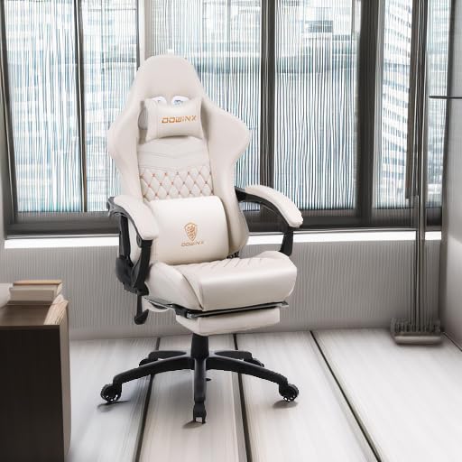 Gaming Chair with Massage Lumbar Support for Office or E-Sports (Ivory)