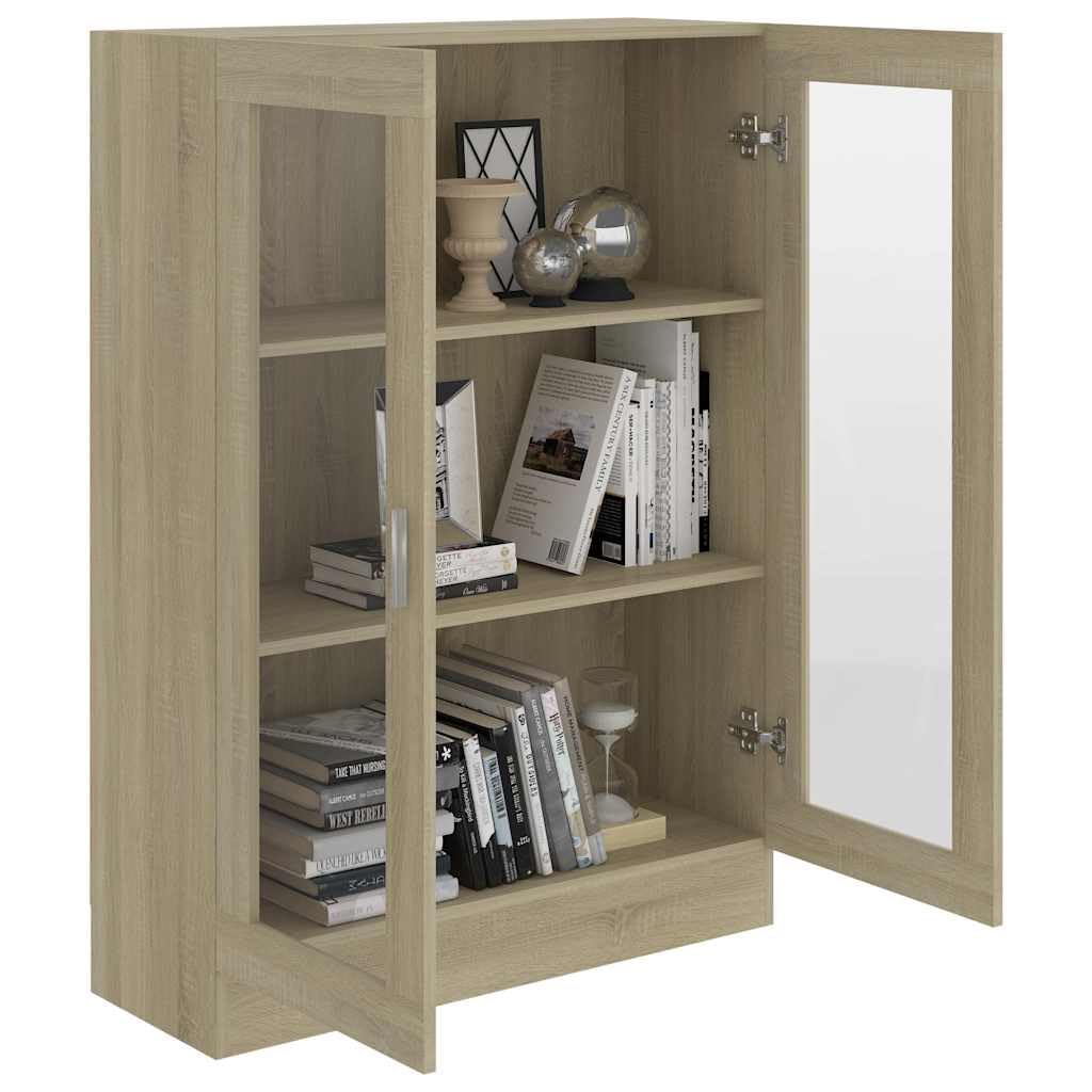Szafka z witryną dąb Sonoma 82,5 x 30,5 x 115 cm, materiał drewnopochodny z 3 półkami i 2 drzwiami, idealna do salonu, biura, pokoju dziecięcego, korytarza, z uchwytem ściennym do