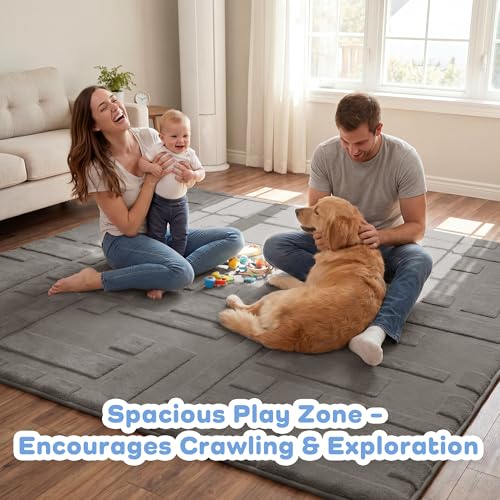 Image of Baby Play Mat for Floor, 1.3 inch Thick 79x158 Plush Soft Foam Mats for Toddler Kids Crawling, Non-Slip Easy Care Nursery Rug for Playroom Living Room, Light Grey
