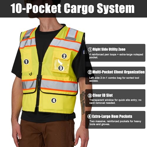 Image of High Vis Reflective Safety Vest for Men Women Zipper Ipad Pockets Mesh Construction Apparel Neon Vest for Work