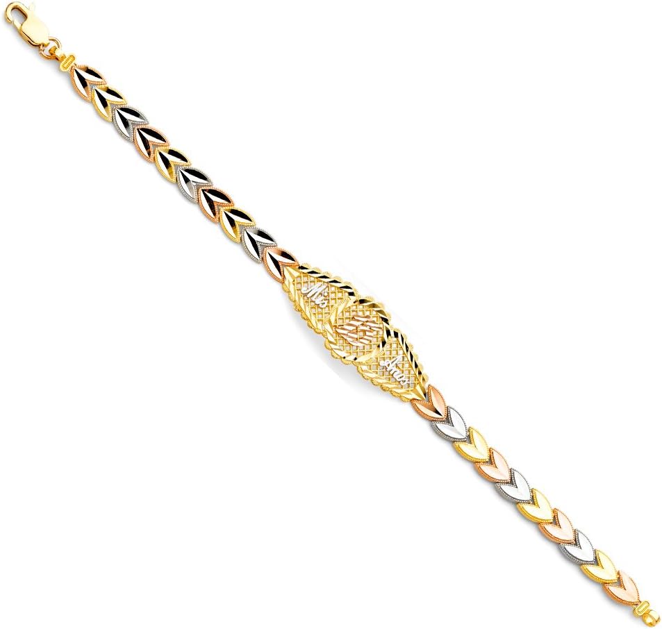 14k Yellow White Rose Gold Mis 15 Años Fancy ID Bracelet Tri Lobster Clasp