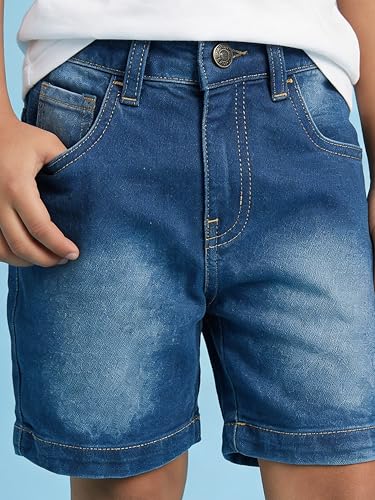 Image of KiddoPanti Boys Knee-Length Denim Shorts | Stretchable Cotton Poly Denim | Comfortable Fit with Button Elasticated Waistband & Zip Fly