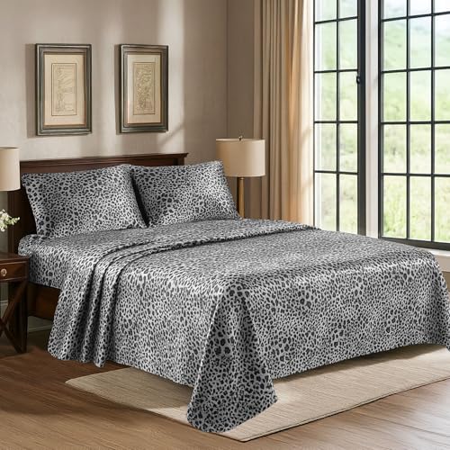 Sábanas de satén tamaño Queen [4 piezas, leopardo plateado] Juego de sábanas sedosas de lujo para hotel, juego de sábanas de microfibra extra suave de 1800, resistente a las arrugas, decoloración y