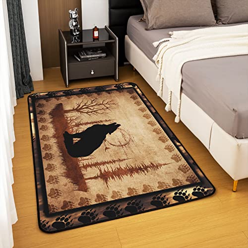 Loussiesd Cute Wolf Area Rug Girls Boys Wolves Howling Decorative Carpet Room Animal Wolves Tree Pattern Rugs for Living Room Bedroom Exotic Style Brown Black Accent Rug 100 * 150cm - Image 4