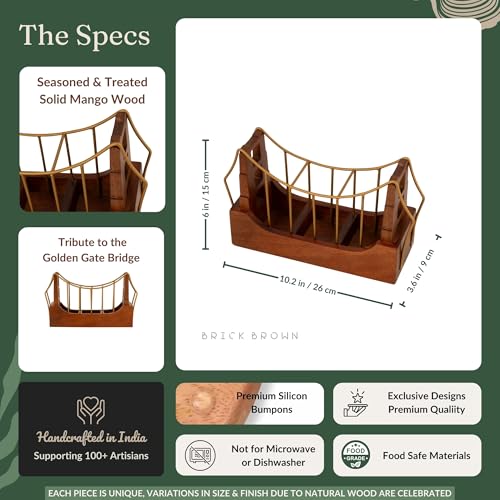 Image of Brick Brown Premium Golden Gate Cutlery Holder | Spoon Stand for Kitchen & Dining Table | Cutlery Stand & Tabletop Cutlery Box | Spoon Holder Caddy with 3 Section Wood & Metal (10.2x3.6x6 inch)