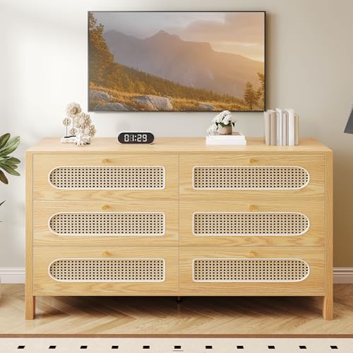 GOOBED Natural Rattan 6 Drawer Dressers - Oak Wooden Dresser Chest of Drawers with Golden Handles - Modern Large Boho Dressers Storage Cabinet for Living Room/Hallway/Entryway