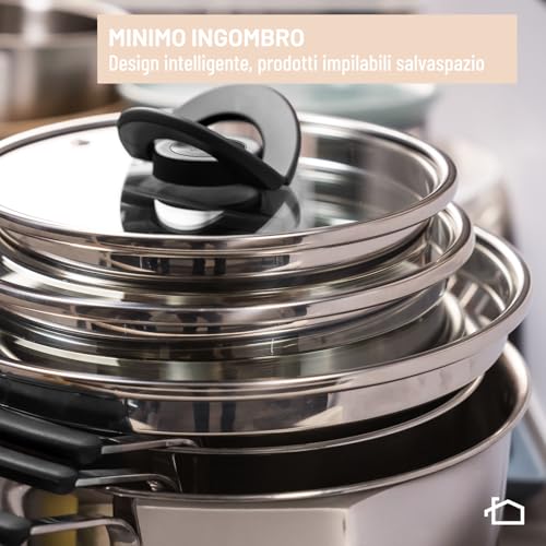 Lagostina Optispace, Set 8 Pentole, Padelle e Coperchi, Impilabili e Salvaspazio, Pentole in Acciaio Inox 18/10, Padelle Antiaderenti, Con Manici in Silicone - Immagine 2