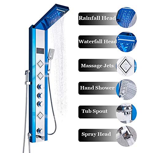 Panel de Ducha Termostático en Torre de Acero Inoxidable con Sistema LED y 5 Funciones, Hidromasaje Único y Ducha Cascada miniatura 6