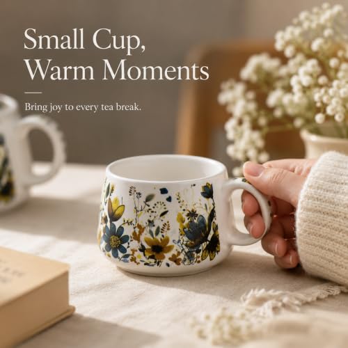 Image of The Earth Store Premium Handcrafted Daisy Bloom Ceramic Tea Cup Set with Kettle Microwave and Dishwasher Safe 6 Tea Cups & 1 Kettle | Tea Pot Set | Morning Set