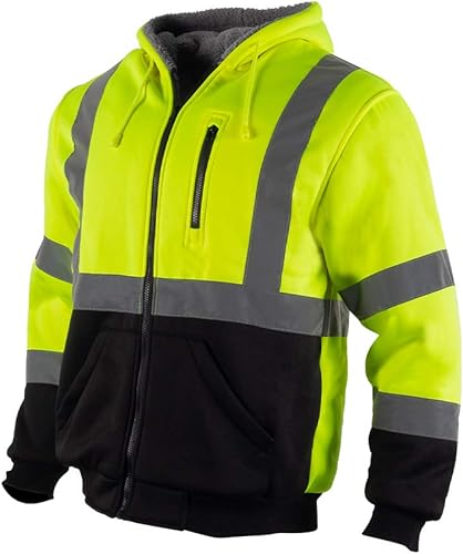 Sudadera reflectante de seguridad ANSI Clase 3 para hombre, de lana y forro polar, con cremallera y parte inferior negra (negro, XL)
