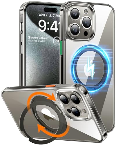 TORRAS 360°Rotatable Magnetic Ring for iPhone 15 Pro Max Case, Designed for MagSafe with Stand & Ring Holder, Military Grade Shockproof Translucent Back for iPhone 15 ProMax Case Ostand R, Clear Grey