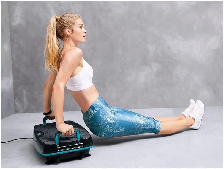 Woman performing triceps dips using the integrated handles of the Crivit Vibration Plate