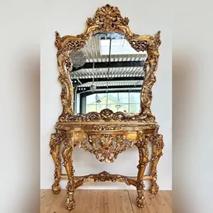 NAAZ HANDICRAFT Luxurious Hand-Carved Teak Wood Dressing Table Dressing Table with Mirror Vanities Utility Marble Shelf Table for Bedroom | Living Room | Diwali Gifts (Golden Antique Finish)