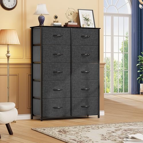 DWVO 10 Drawer Dresser - Fabric Storage Tower, Organizer Unit for Room, Living Room, Hallway, Closets - Sturdy Steel Frame, Wooden Top & Easy Pull Fabric Bins