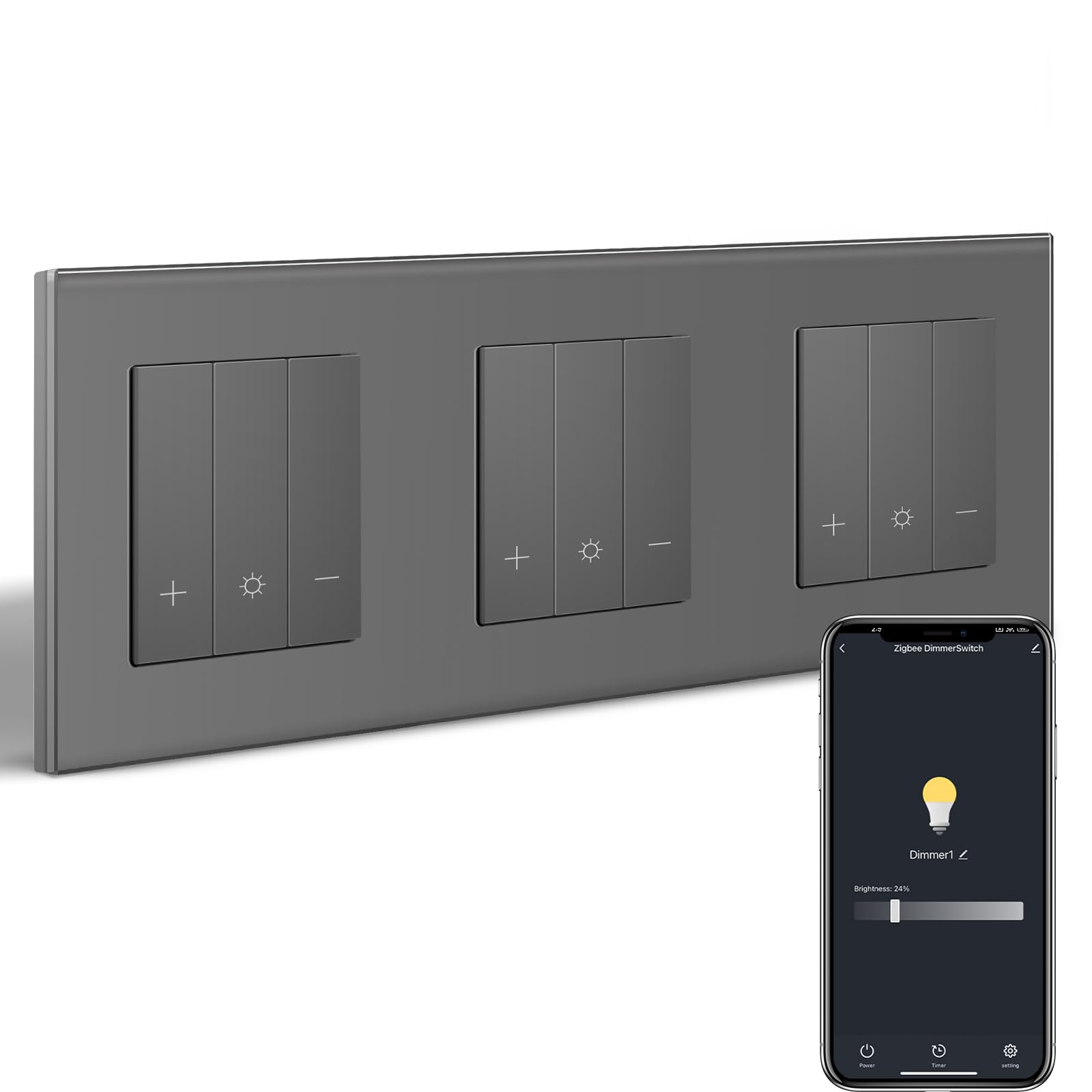 Zigbee Tripel ściemniacz, inteligentny przełącznik ściemniania ze szklaną ramą, kompatybilny z Alexa i Google Home, podtynkowy włącznik światła, możliwość ściemniania, do lamp LED 240 V