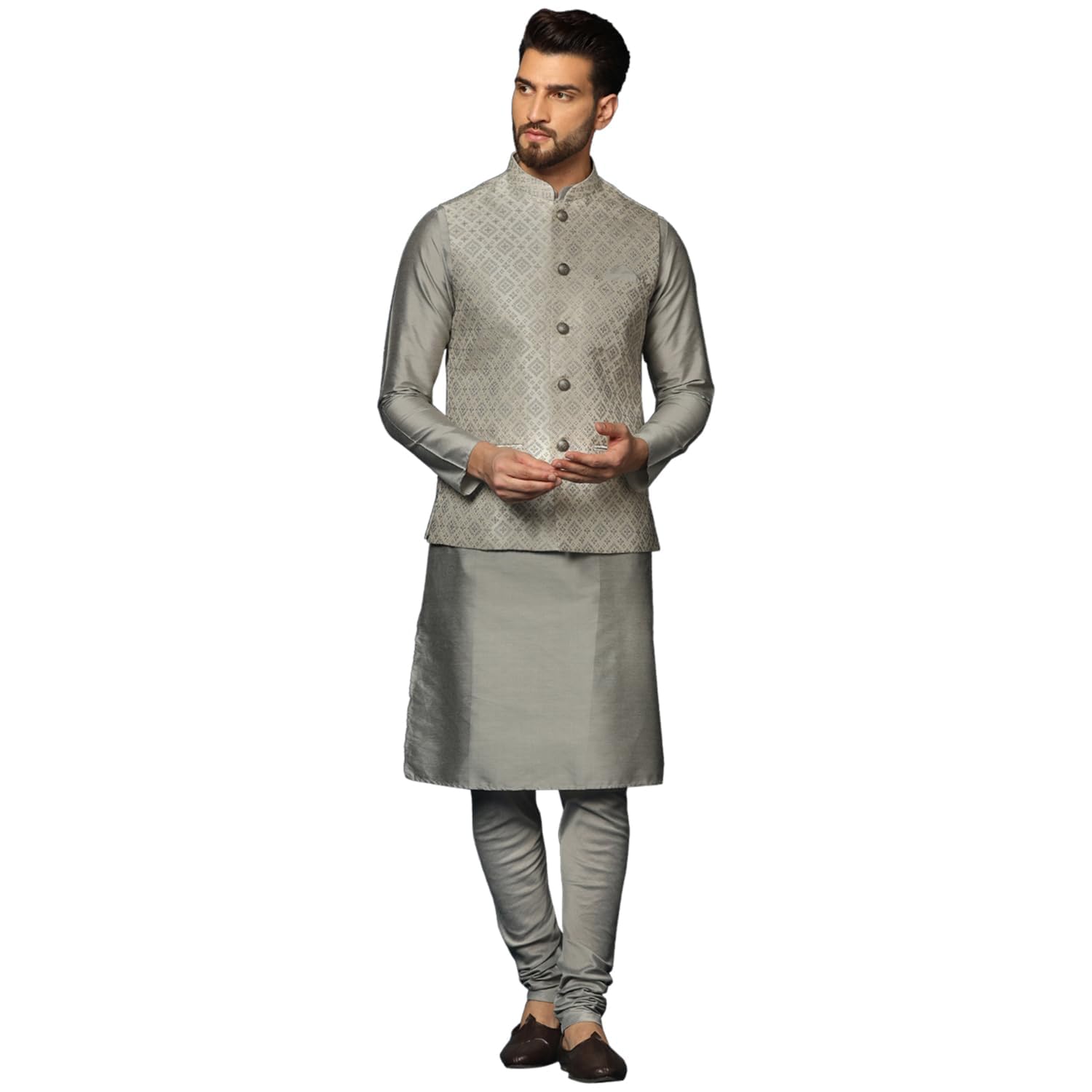 KISAH Set giacca kurta da uomo e pantaloni in misto cotone, ricamati, maniche lunghe, dritto, vestibilità regolare, colletto alla coreana, abbigliamento etnico casual, argento, 42