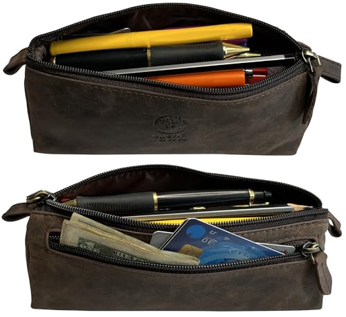 Image of Rustic Town Leather Pencil Case - Full Grain Leather Zippered Pen Pouch - Stationery Bag Pen Holder for Work & Office