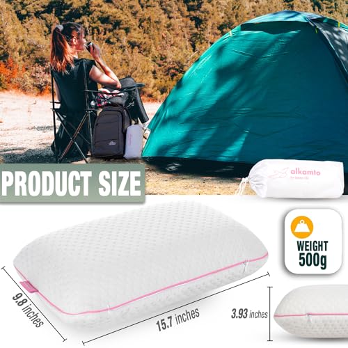 Image of alkamto Travel & Camping Comfortable Memory Foam Pillow - Easy to Carry Portable Bag - Temperature Regulating Pillow Case (Pink + Extra Cover)