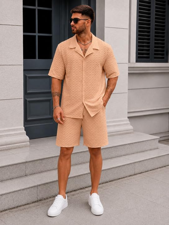 Image of Zilcon Men's Textured Co-Ord Set | Half Sleeve Cuban Collar Shirt & Shorts | Casual Summer Lounge Wear | Premium Matching Outfit