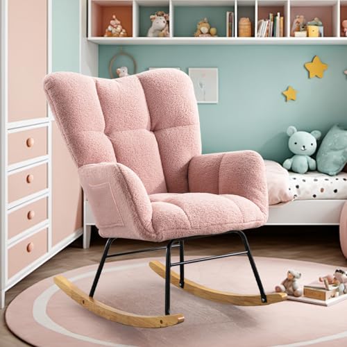 Image of SoarFlash Nursery Rocking Chair Teddy Fabric Glider Chair Upholstered Rocker Accent Armchair with High Backrest and Solid Wood Legs for Nursery Bedroom Living Room Office(Pink)
