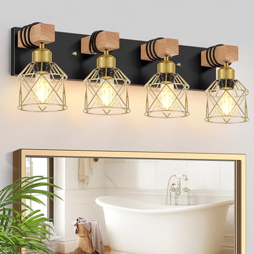 Image of FadimiKoo Farmhouse Bathroom Vanity Light Fixtures, 4-Light Wood Bathroom Lighting Over Mirror, Rustic Black Gold Sconces Wall Lighting with Metal Lampshade for Living Room, Bedroom, Hallway