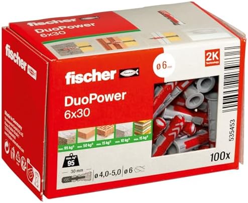 fischer DuoPower 6 x 30, Universaldübel, leistungsstarker 2-Komponenten-Dübel, Kunststoffdübel zur Befestigung in Beton, Ziegeln, Stein, Gipskarton uvm., ohne Schrauben, 100 Stück