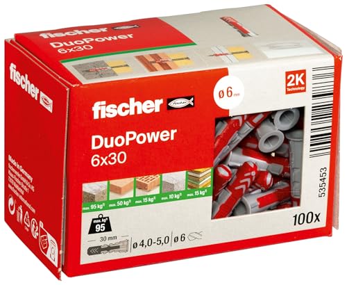 fischer DuoPower 6 x 30, Universaldübel, leistungsstarker 2-Komponenten-Dübel, Kunststoffdübel zur Befestigung in Beton, Ziegeln, Stein, Gipskarton uvm., ohne Schrauben, 100 Stück
