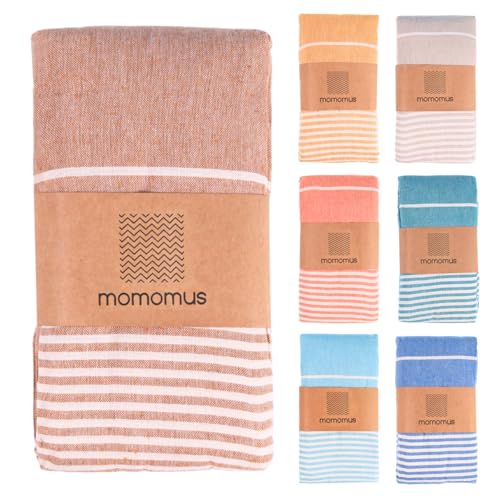 MOMOMUS Fouta Praia XXL, com franjas e 100% algodão, ideal como toalha de praia grande anti-areia, manta de piquenique sem areia, páreo gigante ou tapete de piscina, castanho, 210 x 240 cm