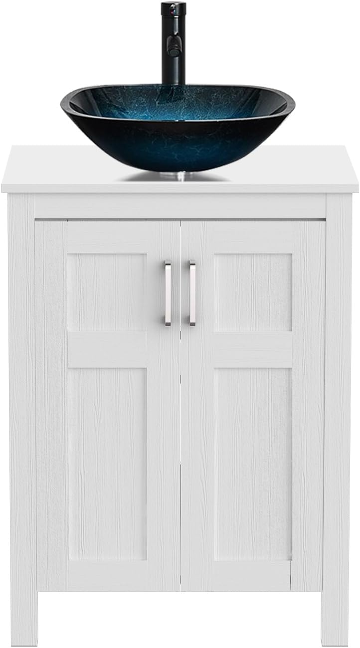 YOURLITE 24 Inch Bathroom Vanity and Tempered Glass Sink Combo White Modern Countertop Vessel Sink with Faucet and Pop-up Darin Bathroom Cabinet