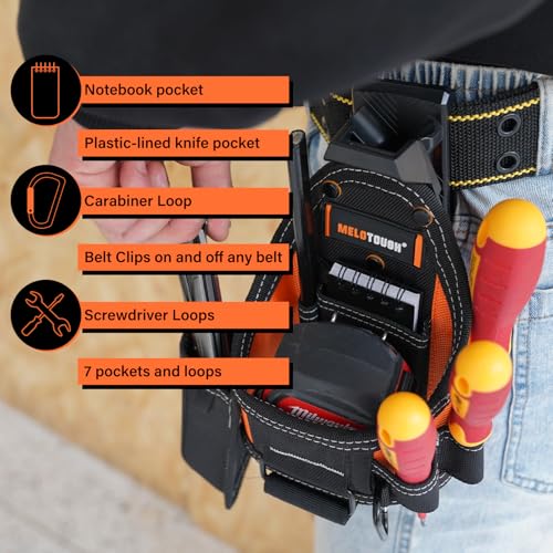 Image of MELOTOUGH 7-Pocket Technician Pouch-Small Pocket Tool Belt Pouch with Belt Clip,Clip on Larger Pockets & Loop, Clip on-Tool Holder Accessory
