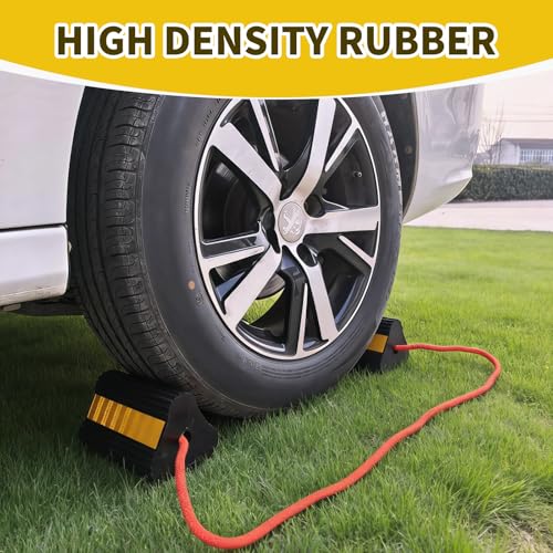 Image of Wheel Chocks for RV Trailer 2 Pair /4pack with Rope & Reflective Strips Rubber Wheel Chocks Heavy Duty Tire Stopper for Camper, Truck, Car, Travel Trailer