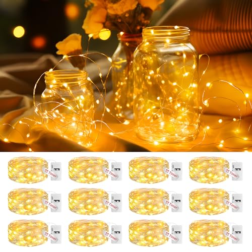 litogo Mini Lichterkette Batterie mit Timer 12 Stück, 3 Modi/20 LED Lichterkette Batterie Klein, 2M Silberdraht Lichterketten mit Batterien Wasserdicht für Innen Weihnachten Party Hochzeit Deko