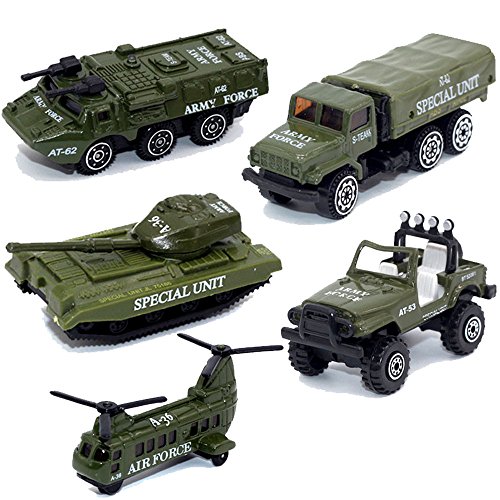 MinYn Army Vehicles Alloy Military Model Car Set 5 pcs Diecast Metal Army Toys Mini Helicopter Tank Truck Armored Car for Kids Boysâ€¦