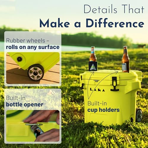 Image of Laka Cooler with Wheels - 30QT Rotomolded Insulated Rolling Hard Cooler, Telescoping Handle, Holds 24 Cans + Ice, Up to 7 Days Cold, Drain Plug, Cup Holders + Bottle Opener, Beach /Camping /Boat