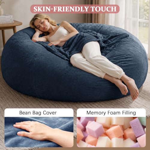 Image of Oversized Bean Bag Chairs for Adults,6FT,Bean Bag Chair with Filler Included,Memory Foam Chair,Removable and Washable Flannel Cover, Suitable for Reading Chairs in Living Room (Blue, 6 Foot)