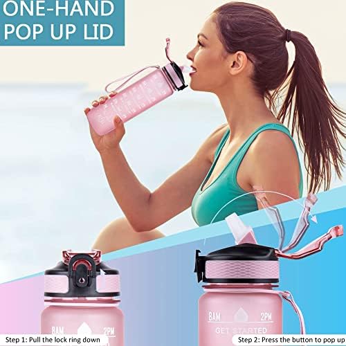 1l Water Bottles with Straw  Time Markings Motivational Sport Water Bottle | BPA Free Tritan Leak Proof Bottles for Men, Women, Running, Cycling, Office, Gym and Sport | One-Click Flip Lid (Pink)