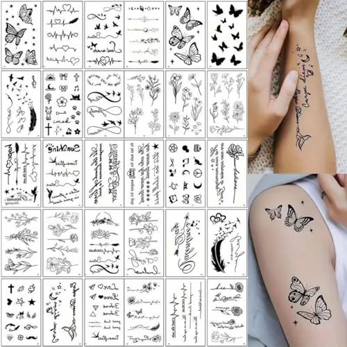 SanKristo 30 PCS Tatuaggi Temporanei per Donne Uomo 3D Fiori Foglie Parole Farfalla Tatuaggi Adesivi per Mano Braccio Gambe Finto Impermeabile Adulti Tatuaggio Adesivo