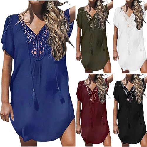 HGps8w Women's Crochet Lace Coverups Loose Lace-Up V Neck Vacation Beach Mini Dress Boho Party Swimsuit Cover Up2