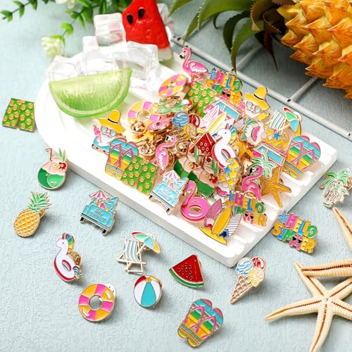 Image of Hoteam 60 Pcs Summer Lapel Pins Bulk Beach Hawaiian Tropical Enamel Pins Cartoon Cute Flamingo Flip Flops Gnome Pineapple Watermelon Coconut Tree for Backpack Hat Shirt Gifts