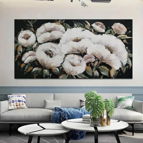 Décoration murale pour salon fleurs blanches grand tableau sur toile