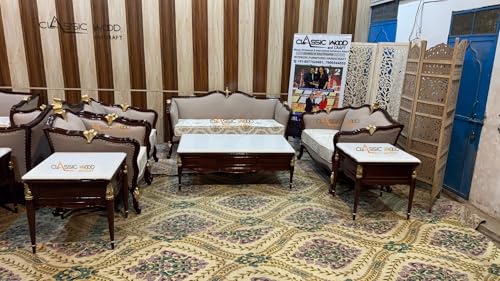 Image of CLASSIC WOOD & CRAFT Luxury 7-Seater Wooden Sofa Set Hand-Carved Teak Wood Sofa with Onex Top Center Table & Side Tables Victorian Style Upholstered Sofa Set Royal Living Room Furniture for Home
