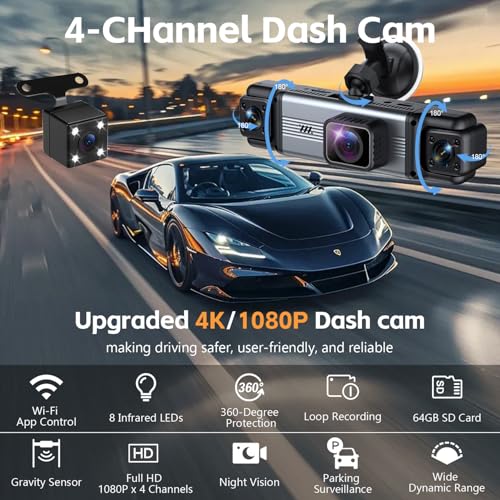 4 Channel 360° Dash Cam Front Rear Inside & Left Right 4K+1080P*3 FHD Car Camera, 5GHz WiFi & App Control 8 IR Lamps Nig - Additional View