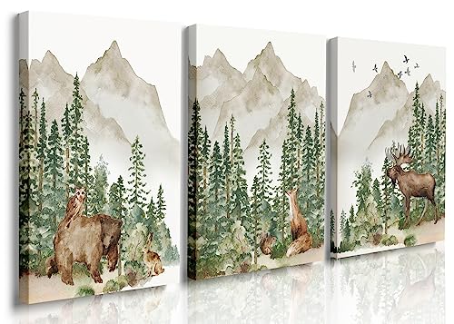Image of GUBIYU Woodland Nursery Prints, 3-Piece Framed Canvas Wall Art, 16" x 12", Unisex, Rustic, Watercolor Animal Theme, Ready to Hang