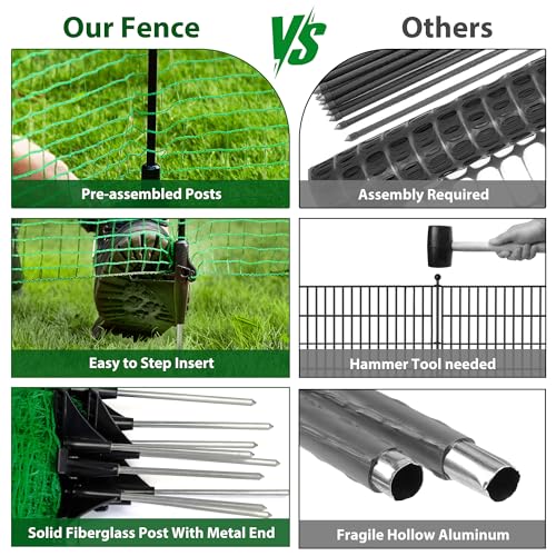 Image of Temporary Fence with Posts, 3'x50' Plastic Fencing Garden Fence Animals Barrier with Fiberglass Stake Windbreak Rope, Portable Snow Fences, Fencing for Dogs Outdoors Backyard (Green)