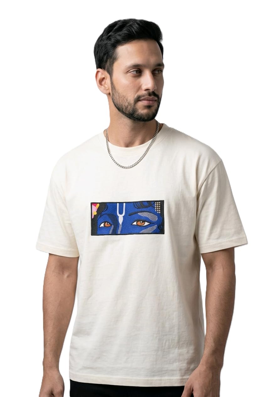 Lord Krishna Embroidered Oversized T-Shirt for Men and Women, 100% Cotton Off White-picture-24