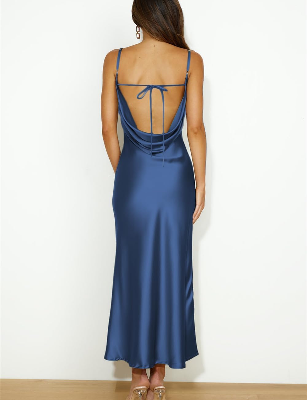 Summer Satin Spaghetti Strap Cowl Neck Backless Midi Dresses for Women Elegant Tie Low Back Ruched Cocktail Dress - Image 2